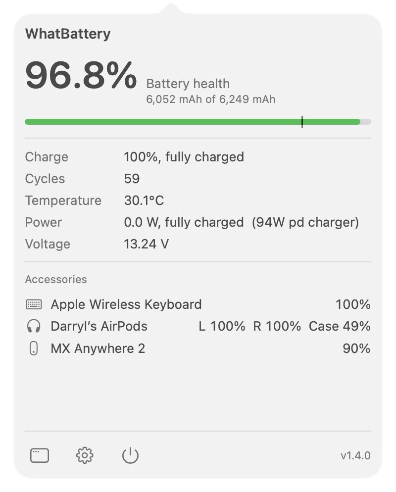 WhatBattery menu bar dropdown listing a keyboard, AirPods broken out per bud and case, and a mouse with their levels