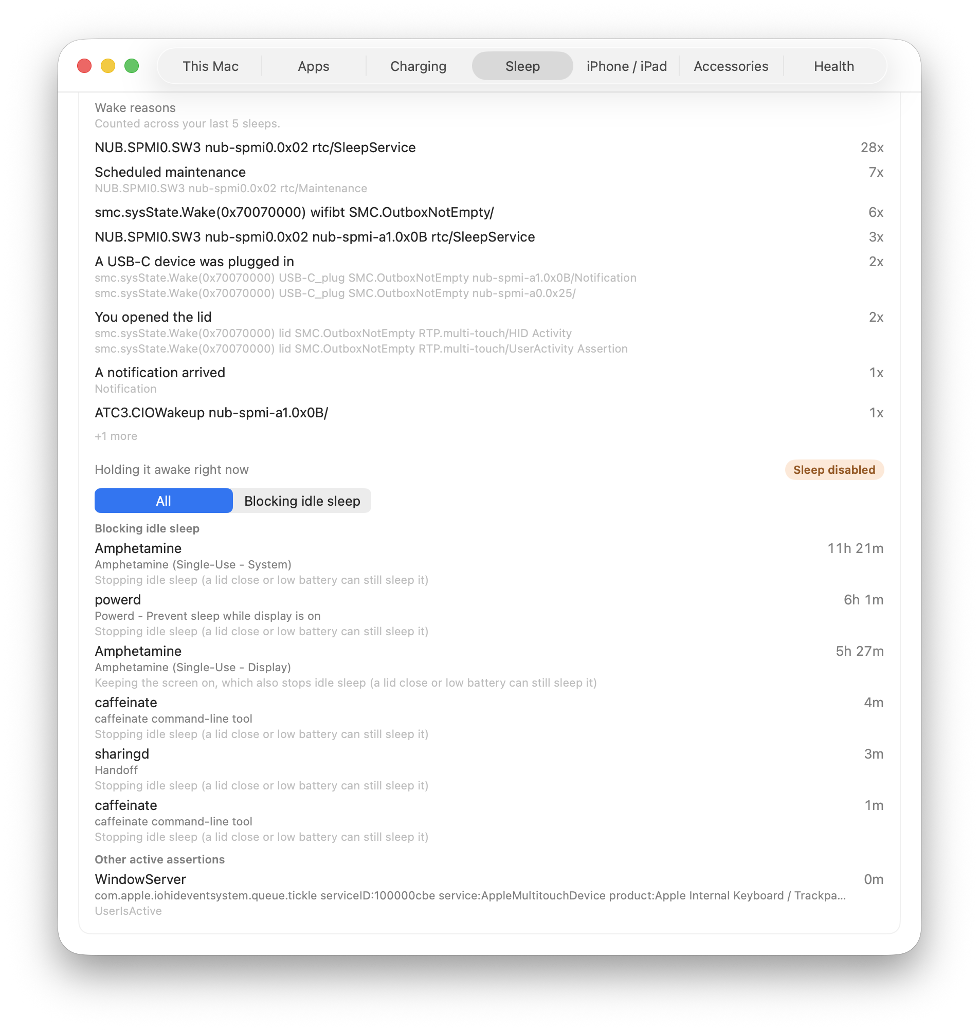WhatBattery Sleep tab scrolled to wake reasons and the list of what's currently holding the Mac awake, split into apps blocking idle sleep, like Amphetamine and powerd, and other active assertions, each with how long they've held it and the raw macOS reason underneath