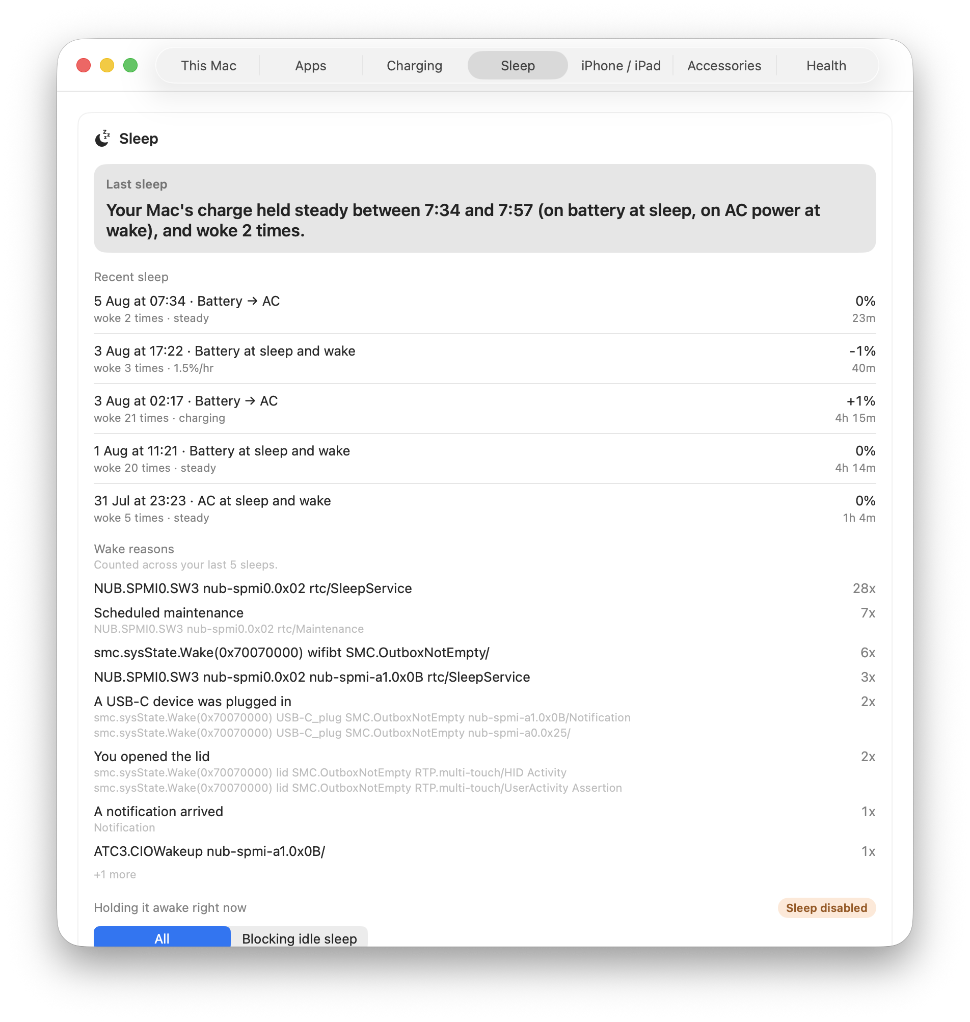 WhatBattery Sleep tab: the last sleep held steady for 23 minutes with two wakes, a list of recent sleeps each showing charge drain, duration, wake count and power source, and wake reasons counted across the last five sleeps